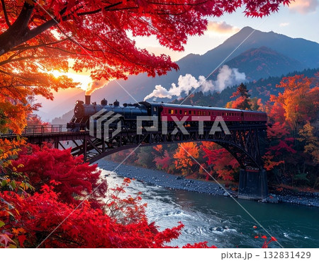【AI生成画像】イラスト風　紅葉の中を走り抜ける汽車 132831429