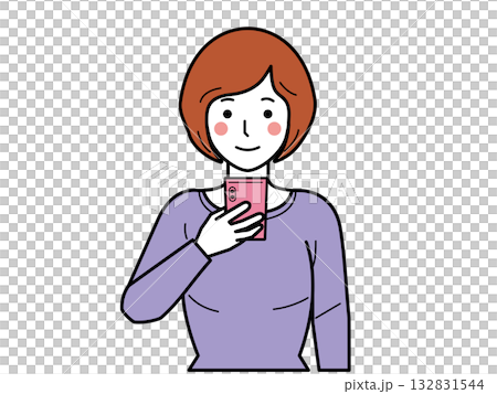 Facing forward. A young woman in a cut-and-sew top looking at her smartphone. Facing forward. A young woman in a cut-and-sew top looking at her smartphone. 132831544