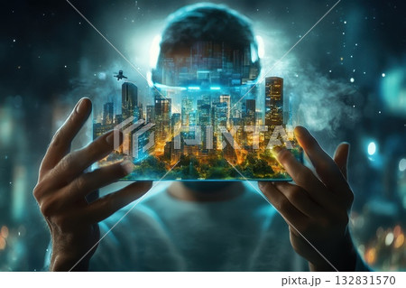 Futuristic Entrepreneur Holding Tablet with Cosmic Cityscape in Virtual Reality Environment 132831570
