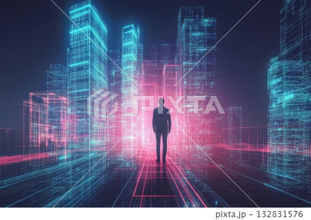 Neon Wireframe Cityscape with Startup Founder Silhouette in Futuristic Urban Environment Neon Wireframe Cityscape with Startup Founder Silhouette in Futuristic Urban Environment 132831576