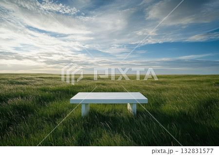Stunning Open Prairie Landscape With White Table Under Dramatic Sky and Lush Green Grass Stunning Open Prairie Landscape With White Table Under Dramatic Sky and Lush Green Grass 132831577