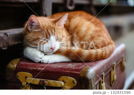 Sleepy Orange Cat Curled Up on Vintage Suitcase at Railway Station 132831590