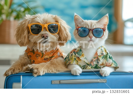Cute Dog and Cat Wearing Sunglasses with Hawaiian Shirts by a Suitcase in Bright Setting Cute Dog and Cat Wearing Sunglasses with Hawaiian Shirts by a Suitcase in Bright Setting 132831601