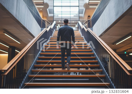 Confident businessman walking up an elegant staircase in a modern building interior Confident businessman walking up an elegant staircase in a modern building interior 132831604