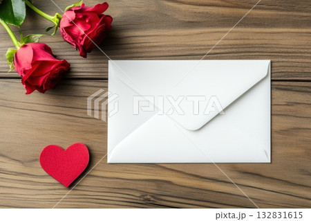A white envelope with a red heart on top of it sits on a wooden table A white envelope with a red heart on top of it sits on a wooden table 132831615