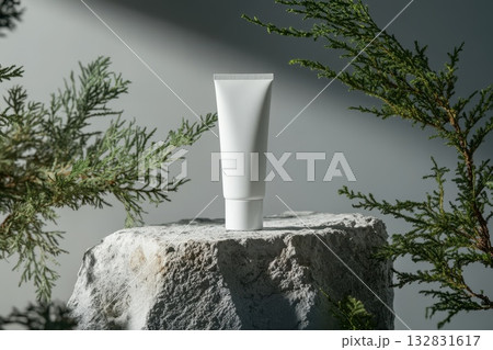 A white tube of makeup sits on a rock next to some green leaves A white tube of makeup sits on a rock next to some green leaves 132831617