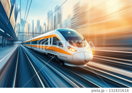 A train is traveling down the tracks with a city in the background 132831618