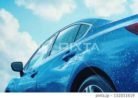 A car is wet and shiny, with a clear blue sky in the background A car is wet and shiny, with a clear blue sky in the background 132831619