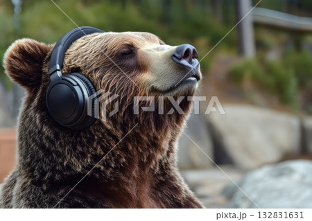 A bear is wearing headphones and appears to be listening to music A bear is wearing headphones and appears to be listening to music 132831631