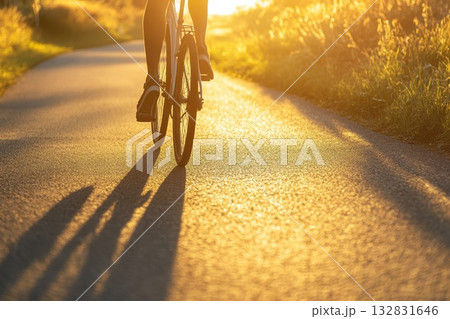 A person is riding a bicycle on a road with the sun shining on the road 132831646