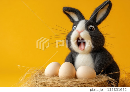 A rabbit is sitting on a nest of eggs, with one egg missing A rabbit is sitting on a nest of eggs, with one egg missing 132831652