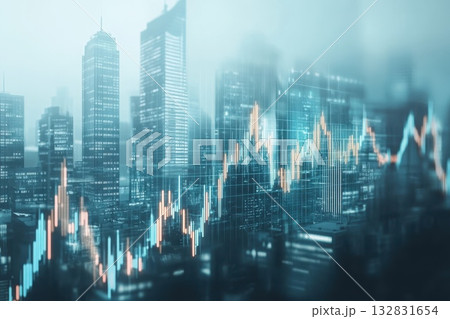 A city skyline with a dark blue background and a series of lines and numbers 132831654