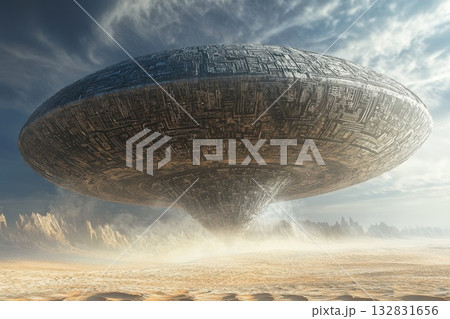 A large, metallic spaceship is hovering over a barren desert landscape A large, metallic spaceship is hovering over a barren desert landscape 132831656