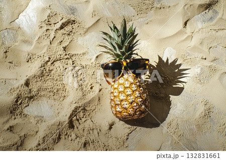 Pineapple with Sunglasses on Sand Beach Creating a Fun and Tropical Atmosphere 132831661