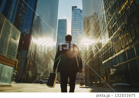 Business Leader Walking Through Corporate Plaza in Modern City Setting with Reflections 132831675