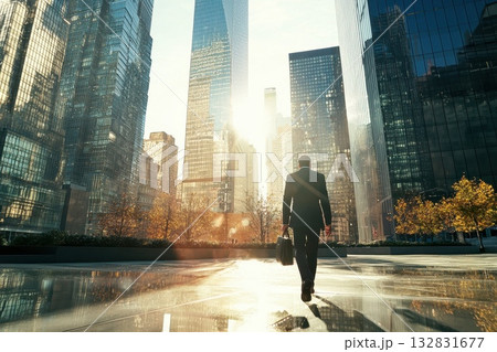 A man walks down a city street with a briefcase in hand 132831677