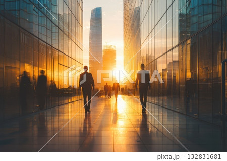 Professionals Walking Toward Sunset Between Glass Buildings in Urban Panoramic Shot 132831681
