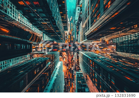 Aerial View of High-Rise Buildings Reflecting in Busy City Streets at Night 132831690