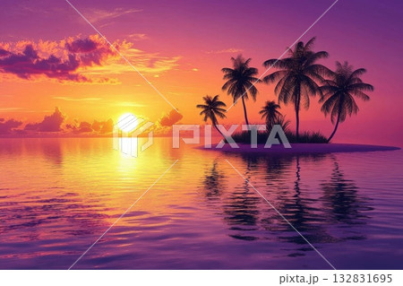 Stunning Tropical Island Sunset Over Calm Water with Vibrant Colors and Reflective Sky Stunning Tropical Island Sunset Over Calm Water with Vibrant Colors and Reflective Sky 132831695
