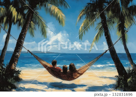 Couple Relaxing in a Hammock Between Two Palm Trees by the Ocean on a Sunny Day Couple Relaxing in a Hammock Between Two Palm Trees by the Ocean on a Sunny Day 132831696