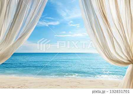 Luxurious Beach Cabana with White Flowing Curtains and Clear Blue Sky Over Ocean View Luxurious Beach Cabana with White Flowing Curtains and Clear Blue Sky Over Ocean View 132831701