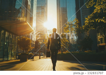 Business Leader Walking Through Corporate Plaza at Sunset Illuminating Cityscape Business Leader Walking Through Corporate Plaza at Sunset Illuminating Cityscape 132831707