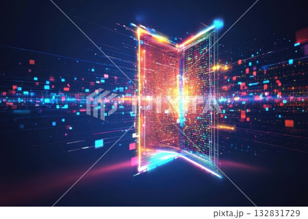 Colorful Digital Neon Portal Opening with Glowing Particles and Vivid Light Effects Colorful Digital Neon Portal Opening with Glowing Particles and Vivid Light Effects 132831729