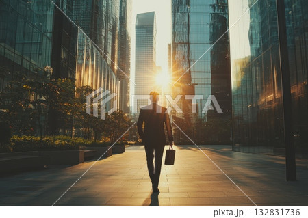 Business Leader Walking Through Corporate Plaza at Sunset With Reflection on Glass Buildings 132831736
