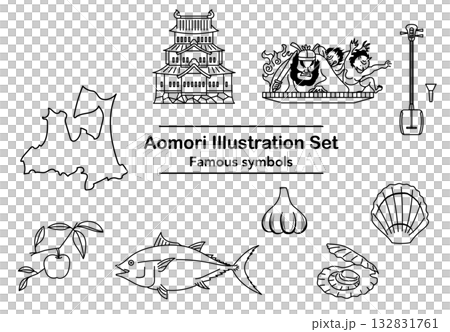 イラスト素材: 青森県の名物と名所線画イラストセット 132831761