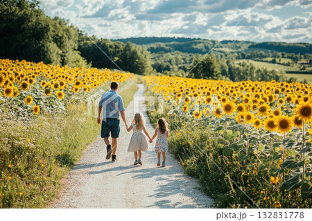 Family Enjoying a Leisurely Walk Hand in Hand Through a Sunflower Field on a Sunny Day Family Enjoying a Leisurely Walk Hand in Hand Through a Sunflower Field on a Sunny Day 132831778