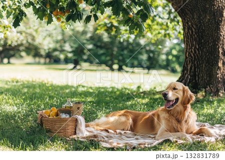 Joyful Golden Retriever Relaxing on Picnic Blanket Under a Shady Tree in Nature Joyful Golden Retriever Relaxing on Picnic Blanket Under a Shady Tree in Nature 132831789