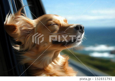 Joyful Golden Retriever Enjoys Wind with Its Head Out of Car Window on a Sunny Day Joyful Golden Retriever Enjoys Wind with Its Head Out of Car Window on a Sunny Day 132831791