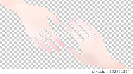 向かい合うふたつの手のイラスト、淡い光のような色味、白バック 向かい合うふたつの手のイラスト、淡い光のような色味、白バック 132831894