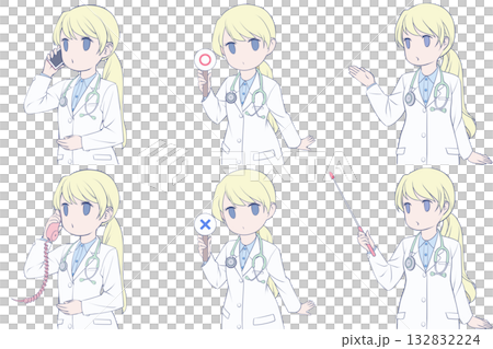 一位年輕的女醫生正在打電話，手裡拿著支票，並給予指示。一組6張可愛的醫生剪貼畫。 132832224