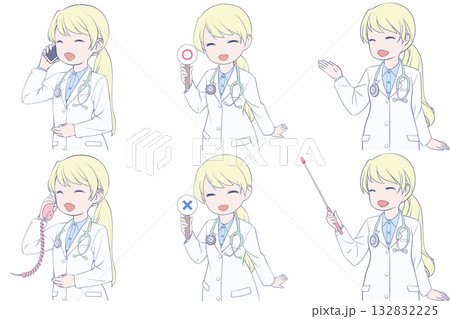 電話をかける、マルバツ棒を持つ、案内する若い女性医師。可愛いドクターのクリップアート6点セット 電話をかける、マルバツ棒を持つ、案内する若い女性医師。可愛いドクターのクリップアート6点セット 132832225