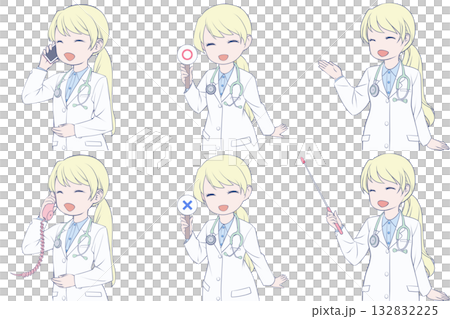 電話をかける、マルバツ棒を持つ、案内する若い女性医師。可愛いドクターのクリップアート6点セット 電話をかける、マルバツ棒を持つ、案内する若い女性医師。可愛いドクターのクリップアート6点セット 132832225