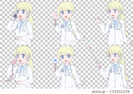 一位年輕的女醫生正在打電話，手裡拿著支票，並給予指示。一組6張可愛的醫生剪貼畫。 132832226