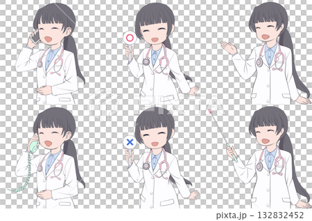A young female doctor making a phone call, holding a chequered flag, and giving directions. A set of 6 cute nurse clip art 132832452