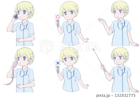 電話をかける、マルバツ棒を持つ、案内する若い女性看護師。可愛いナースのクリップアート6点セット 132832773