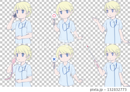 電話をかける、マルバツ棒を持つ、案内する若い女性看護師。可愛いナースのクリップアート6点セット 132832773