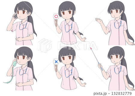 電話をかける、マルバツ棒を持つ、案内する若い女性看護師。可愛いナースのクリップアート6点セット 132832779