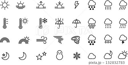 天気予報・天気・気象の線画アイコンセット(アウトライン化していない) 132832783