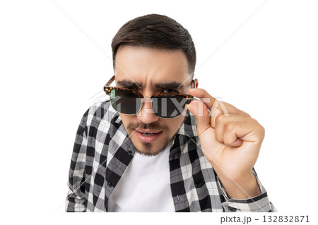 Confident man in shades and checkered shirt, isolated, PNG 132832871