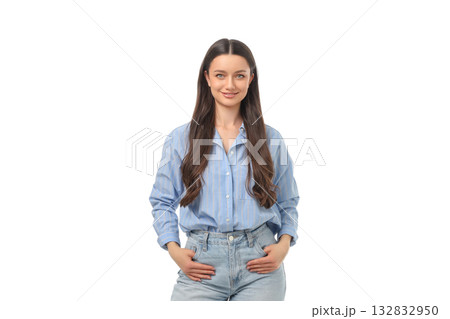 Woman poses in a relaxed manner showcasing her outfit, on white, PNG Woman poses in a relaxed manner showcasing her outfit, on white, PNG 132832950