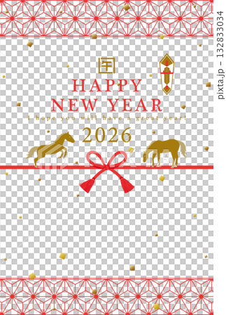 2026 Year of the Horse New Year's card template with Japanese wrapping paper 2026 Year of the Horse New Year's card template with Japanese wrapping paper 132833034