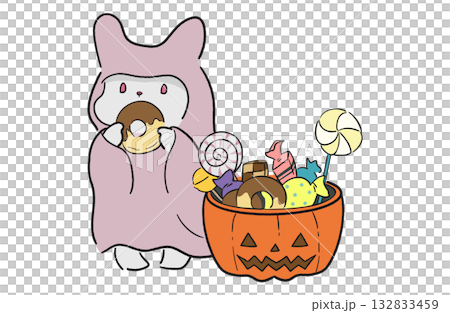 A cute and relaxed Halloween illustration of a rabbit dressed as a ghost eating a donut A cute and relaxed Halloween illustration of a rabbit dressed as a ghost eating a donut 132833459