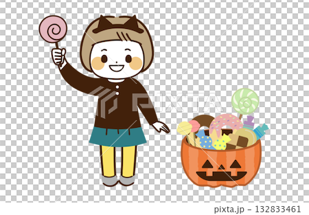 たくさんのお菓子をもらって喜ぶ女の子のハロウィンイラスト たくさんのお菓子をもらって喜ぶ女の子のハロウィンイラスト 132833461