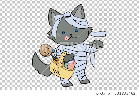 A cute and relaxed Halloween illustration of a wolf (dog) dressed as a mummy A cute and relaxed Halloween illustration of a wolf (dog) dressed as a mummy 132833462