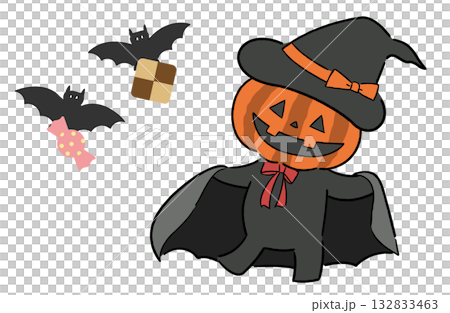 Halloween illustration of a bat holding a jack-o'-lantern (pumpkin ghost) and candy 132833463