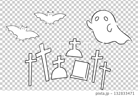 蝙蝠和幽靈飛過墳墓的線條畫插圖 132833471